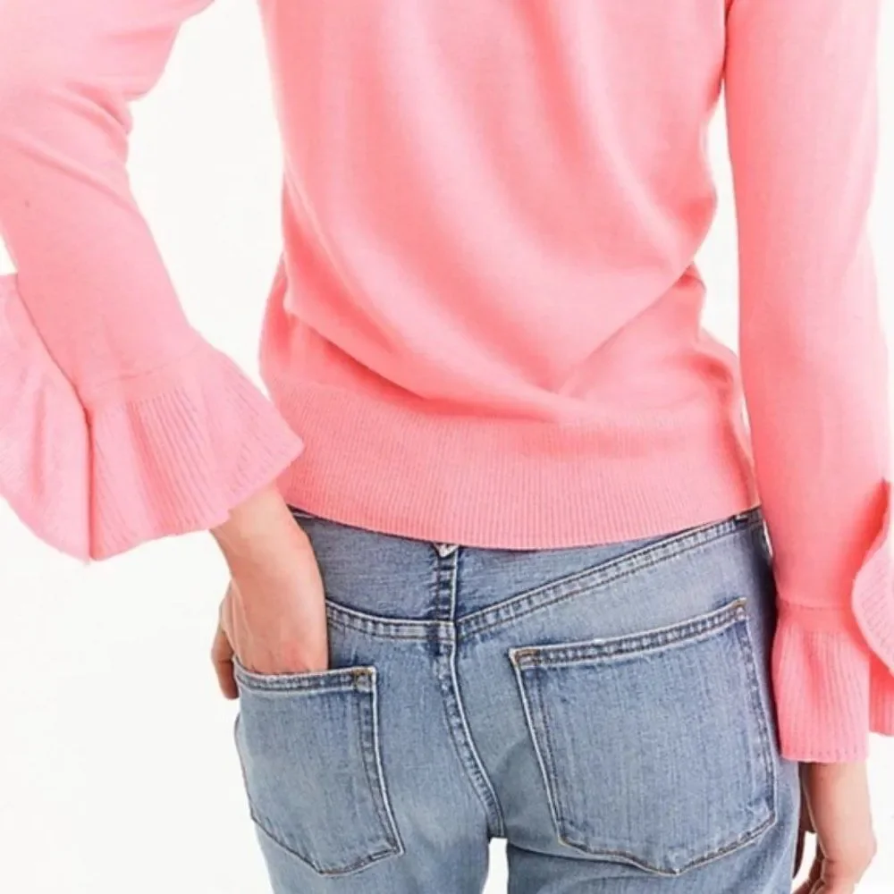 J. Crew 100% Merino Wool Pink Crew Neck Ruffle Sleeve Sweater NWT